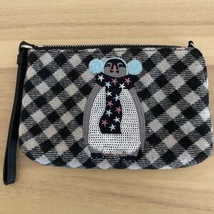 Talbots Black and Tan Plaid Wristlet with Penguin Applique
